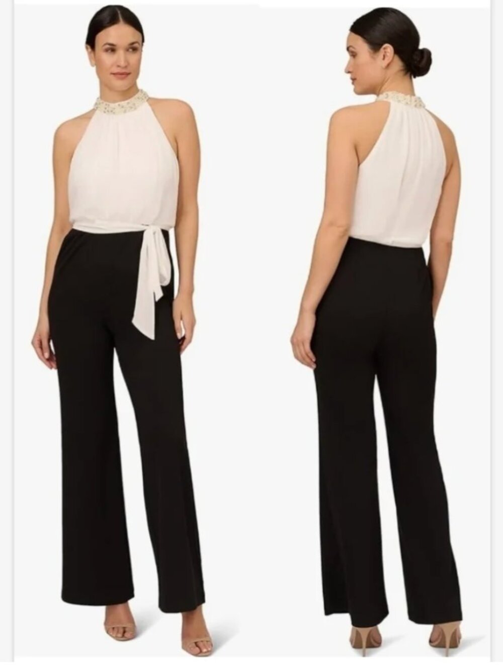 NWT Adrianna Papell women's Pearl Chiffon Crepe Jumpsuit size 2, Ivory and Black